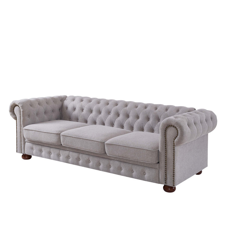Alcott Hill Chesterfield sofa in linen fabric Light Gray Wayfair